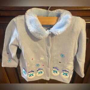 Green Dog - Girls Size 2-2T Blue Sweater w Faux Fur Collar, Snowman Appliqués.